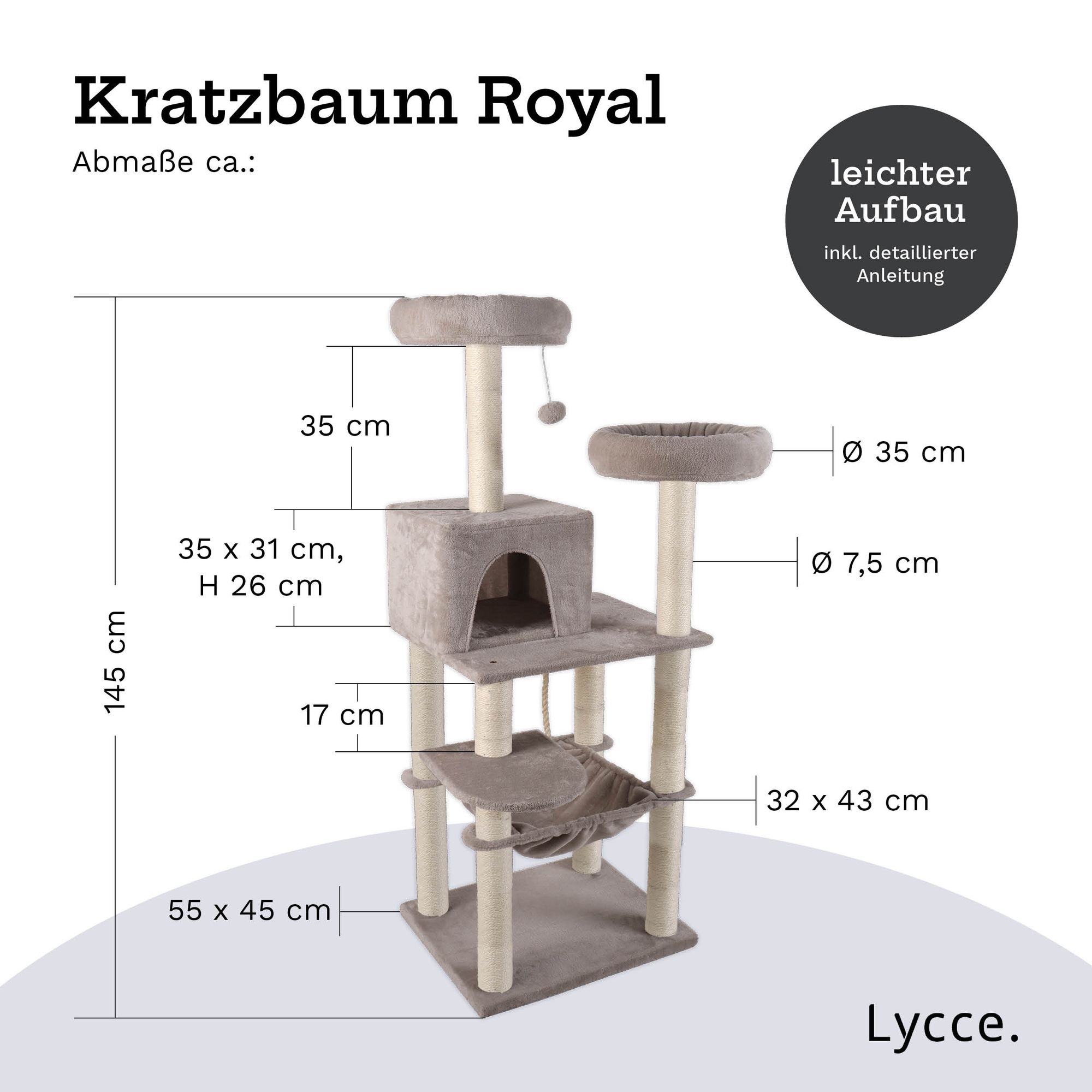Lycce Kratzbaum ROYAL Katzenbaum mit Höhle und Hängematte, 145 cm