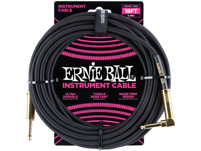 Ernie Ball Instrumentenkabel 6086 – 5.49 m, Schwarz Geflochtenes Standardkabel für Instrumente, Klinke-Winkelklinke