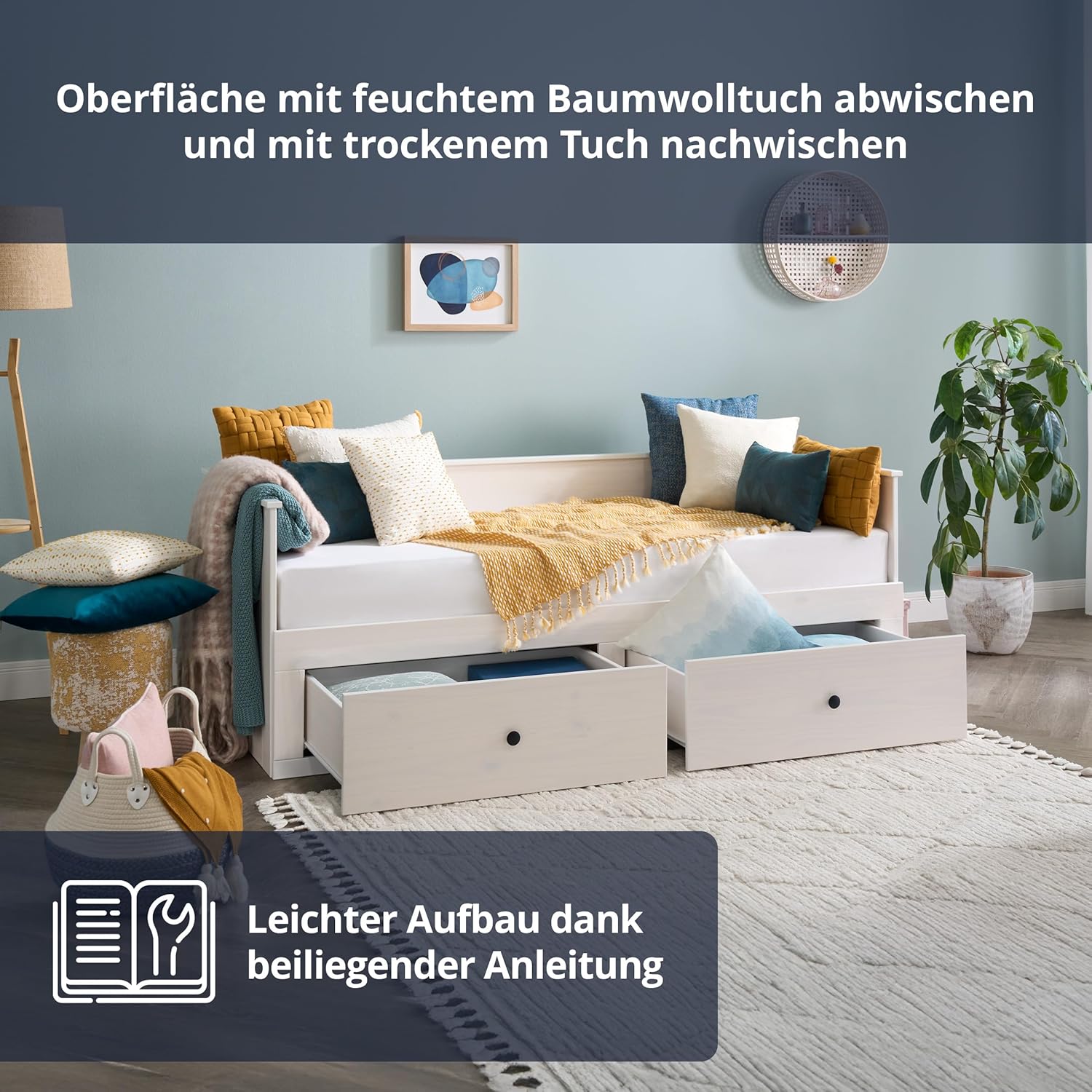 KHG Tagesbett mit Ausziehfunktion 90-180x200cm weiß integrierte Schubkästen mit Lattenrost Holzwerkstoff moderner Landhaus-Charme