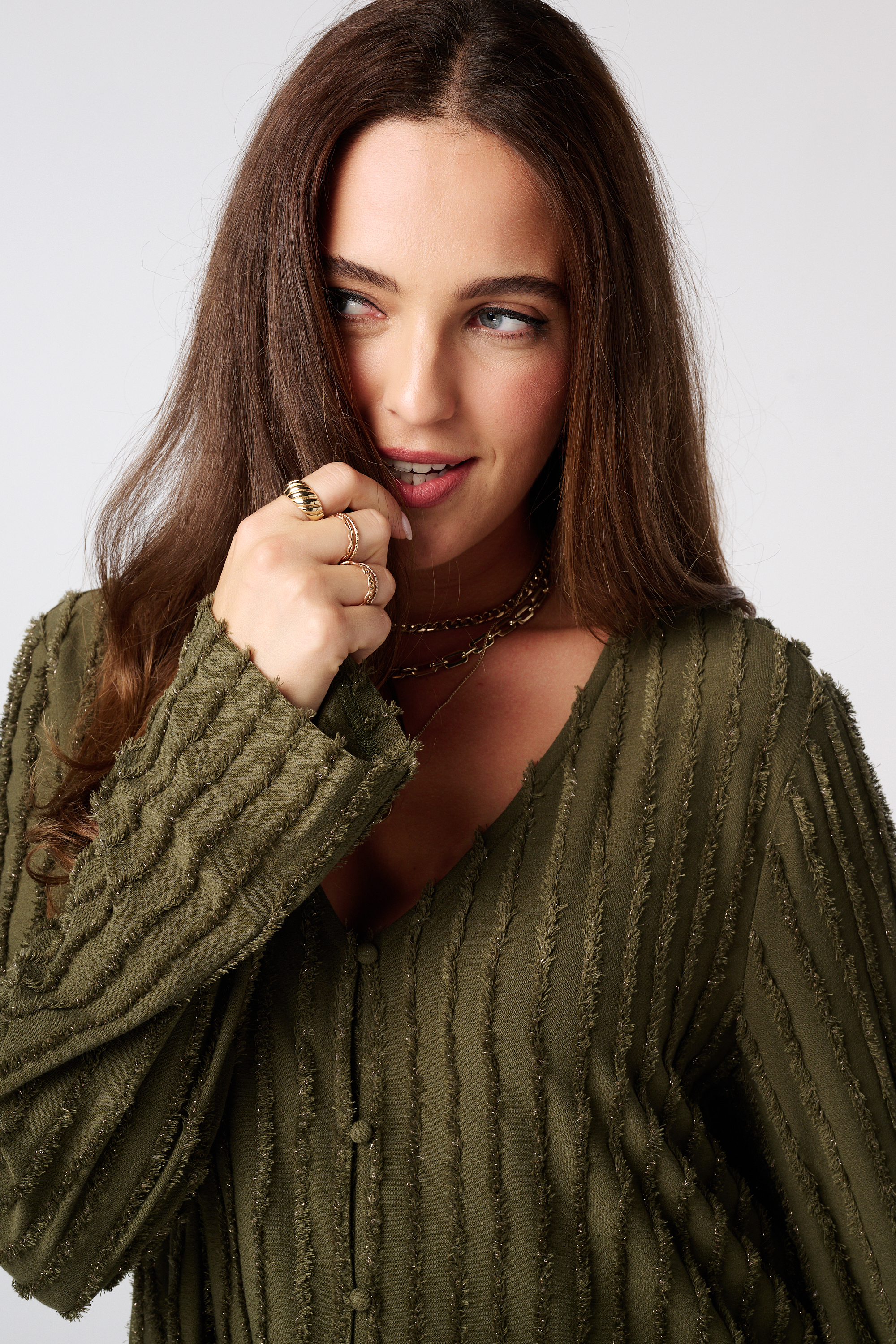 Top met franje structuur Khaki