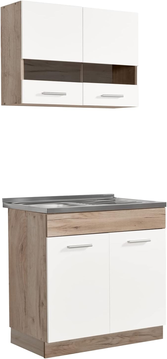 Homestyle4u 2323, Küche Küchenzeile Küchenblock Eiche Holz Weiß Einbauküche Single Küchen Schränke 80 cm