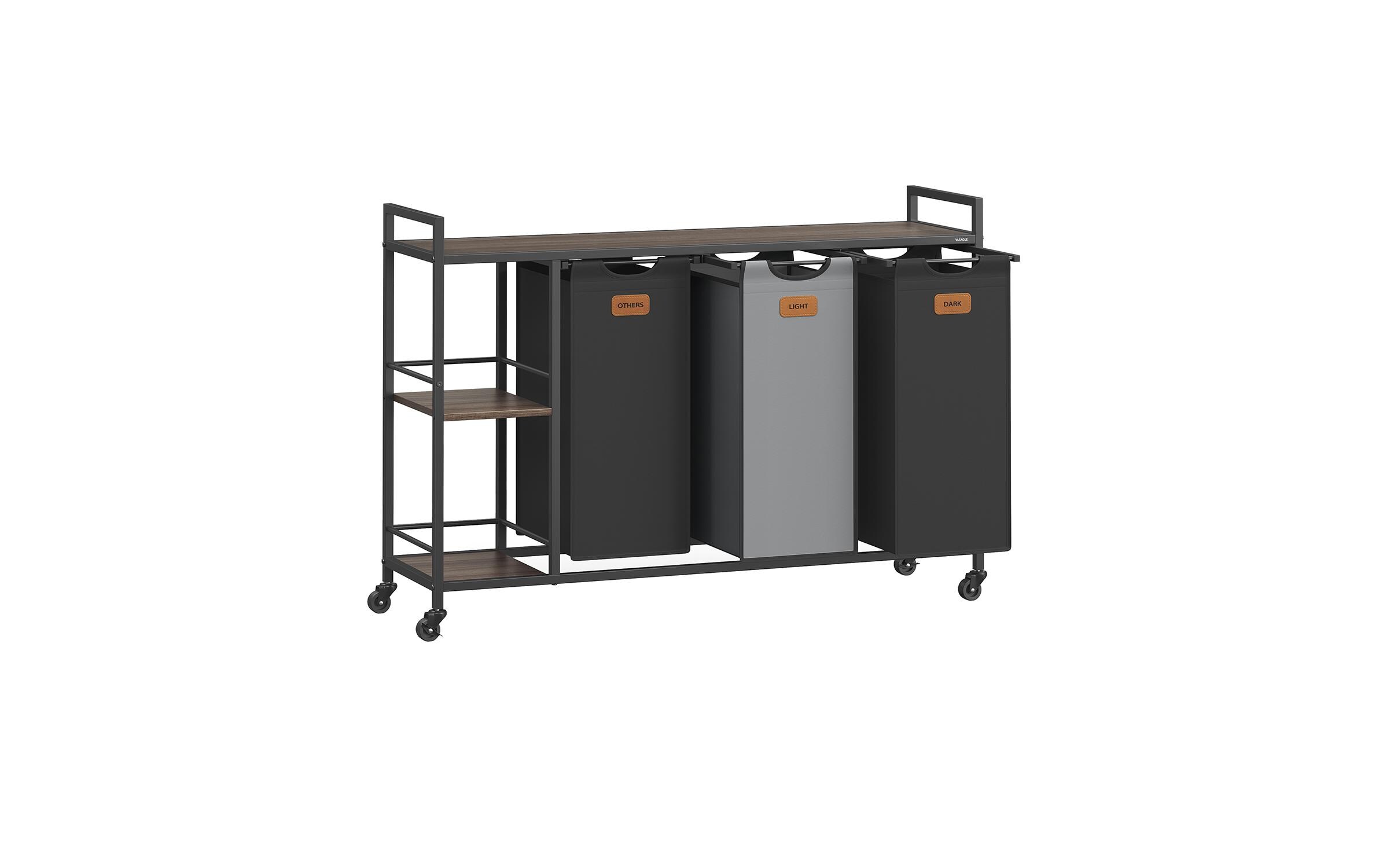 Wäschekorb 3 x 50 l, Schwarz / Grün<br>Wäschekorb mit drei Fächer, Rollen und abnehmbaren Taschen