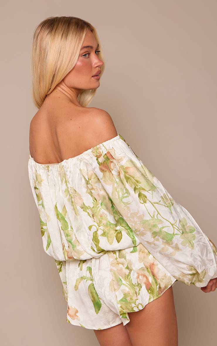 Crème Combi-short Fluide À Imprimé Floral Jacquard Satiné Et Encolure Bardot