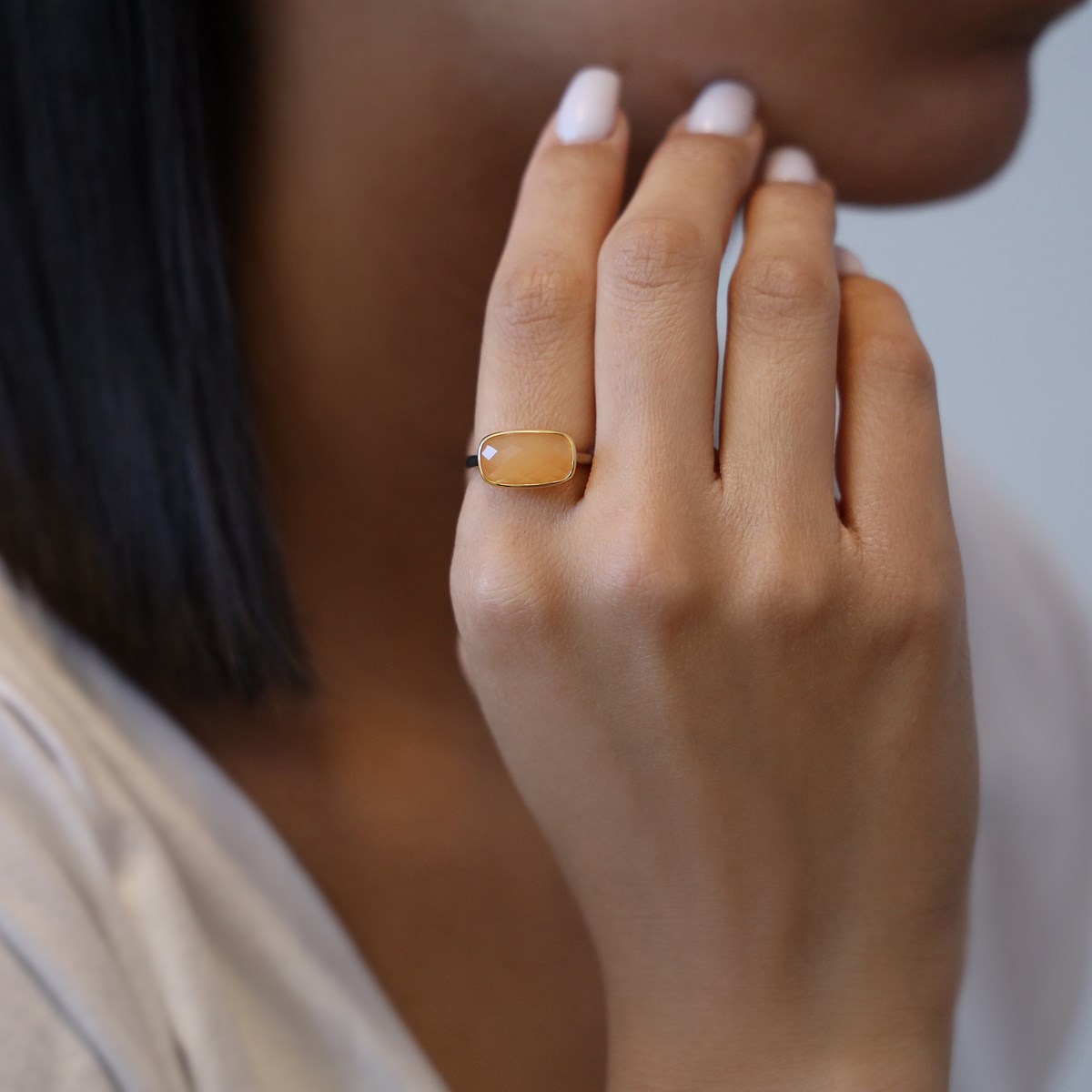 Bague Argent Doré Petit Galet Pierre Pêche