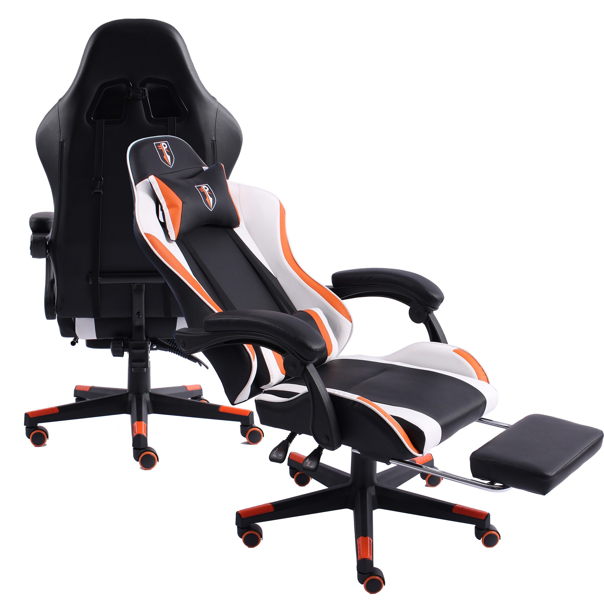 Gaming Chair im Racing-Design mit flexiblen gepolsterten Armlehnen - ergonomischer PC Gaming Stuhl in Lederoptik - Gaming Schreibtischstuhl mit ausziehbarer Fußstütze und extra Stützkissen