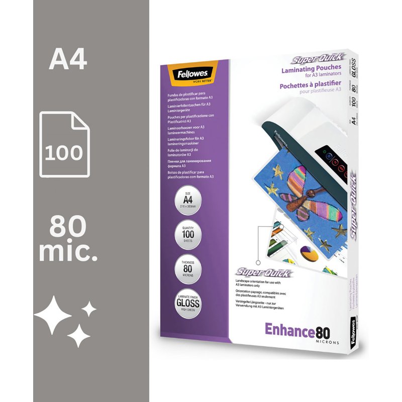 Pochettes de plastification Fellowes SuperQuick A4 2 x 80 µ brillantes - Boite de 100