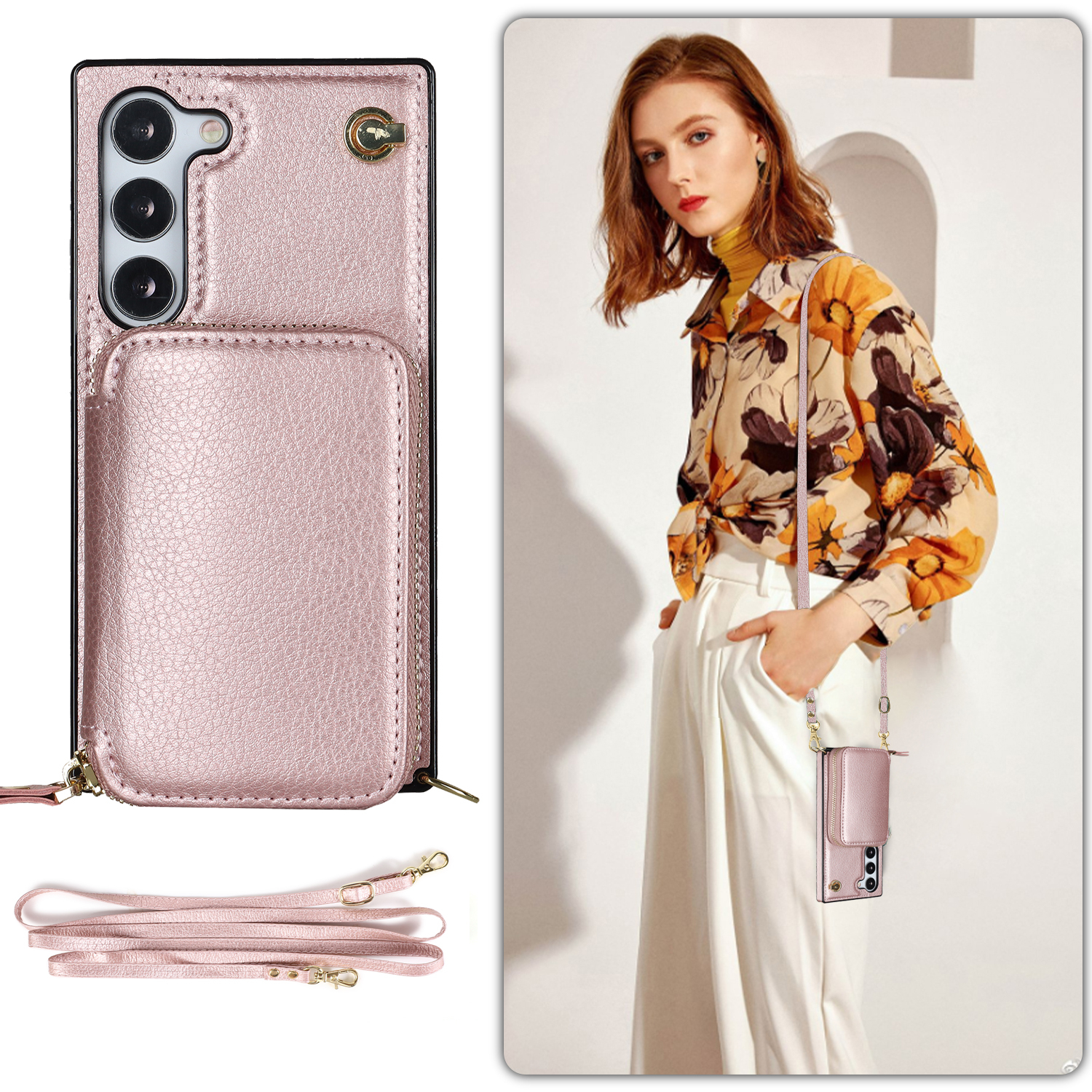 Samsung Galaxy S23 5G Necklace Leder Schutz Hülle mit Kartenfächer   Handykette (140cm) - Roségold