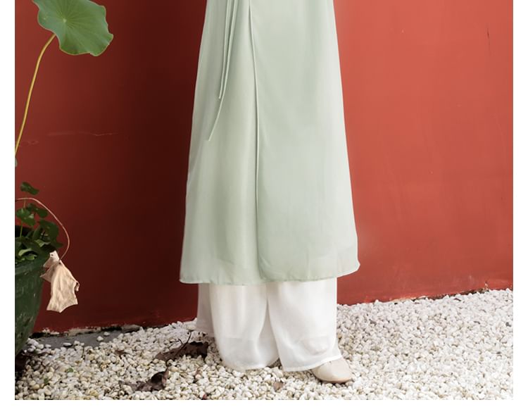 Catamin - Traditionele Chinese maxi-A-lijnjurk met driekwartmouwen en opstaande kraag van chiffon / wijde broek