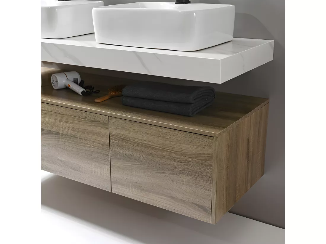 LuxuryBain - Meuble de salle de bain double vasque 140cm bois et effet marbre avec miroir led