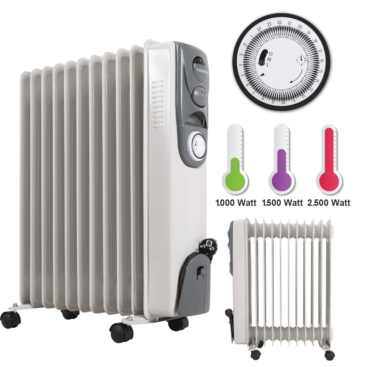 Heidenfeld Ölradiator ÖR200, Thermostat, Timerfunktion, 1000-2500 Watt, 6 Stufen, 3 Jahre Garantie