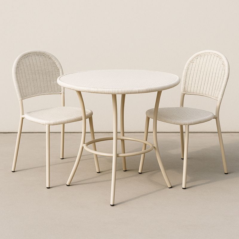 Runder Gartentisch-Set Creme Metall Rattanoptik Mit Zwei Stühlen