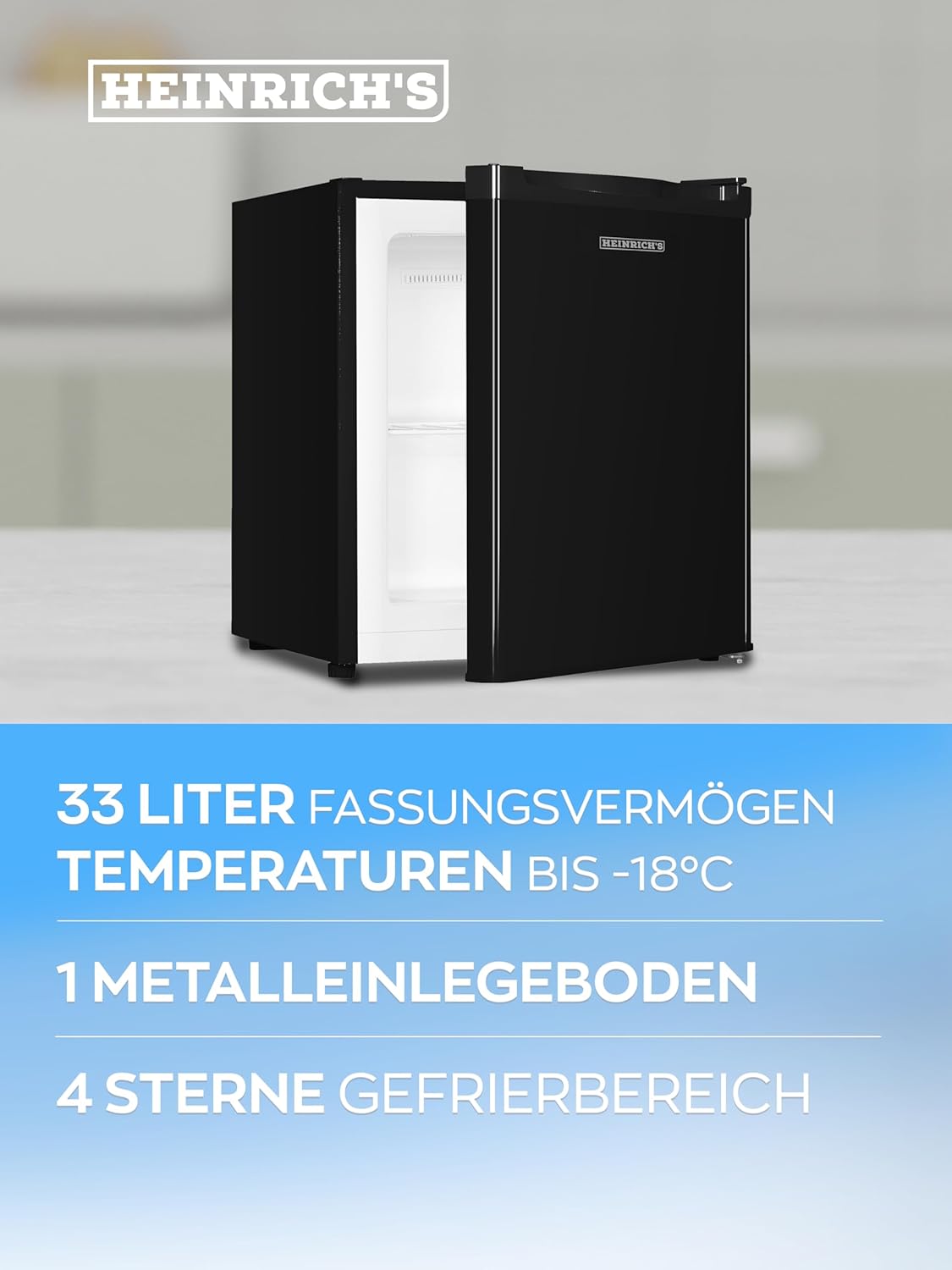 HEINRICHS Mini Gefrierschrank 33L klein kompakt leise:40dB Gefrierbox; wechselbarer Türanschlag; mini Tiefkühltruhe bis zu -18°C,Tiefkühlschrank,perfekt für Büro Camping Outdoor Heinrich´s (schwarz)
