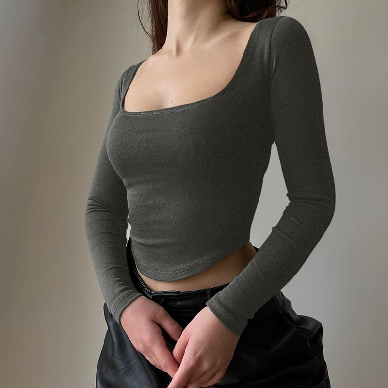 FYDO - Cropped T-shirt met lange mouwen en ronde hals