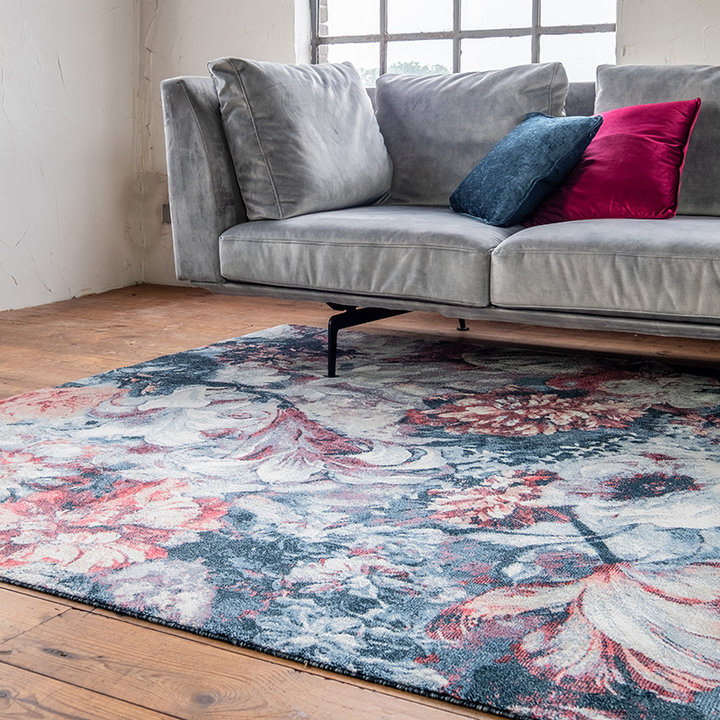 Bloemen vloerkleed - Flores Blauw/Rood | Hoge kwaliteit