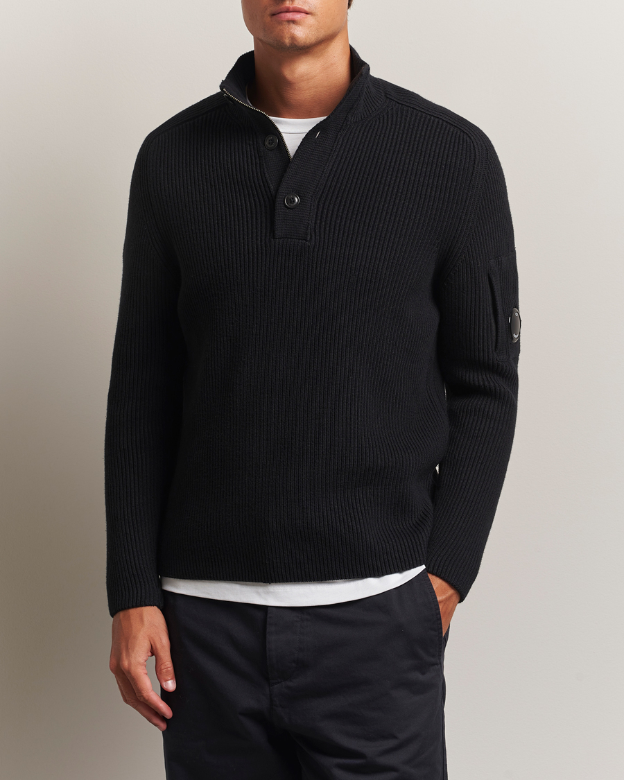 C.P. Company Full Rib Knitted Cotton Half Button Black