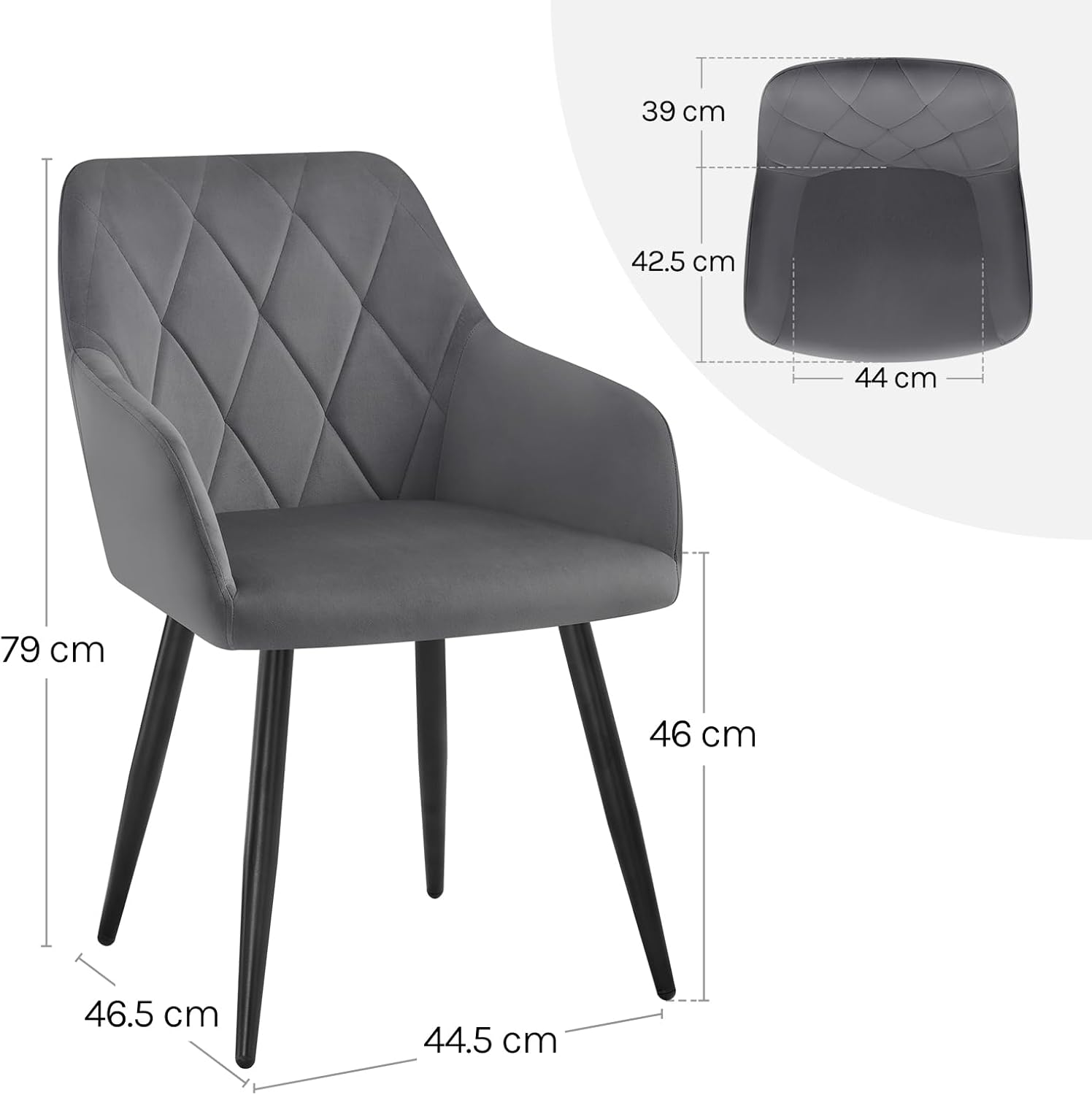 WOLTU 6er Set Esszimmerstühle mit Armlehne Rückenlehne, für Esszimmer Wohnzimmer Küche, Bequeme Küchenstühle gepolstert mit Samtbezug, Metallbeinen, Dunkelgrau