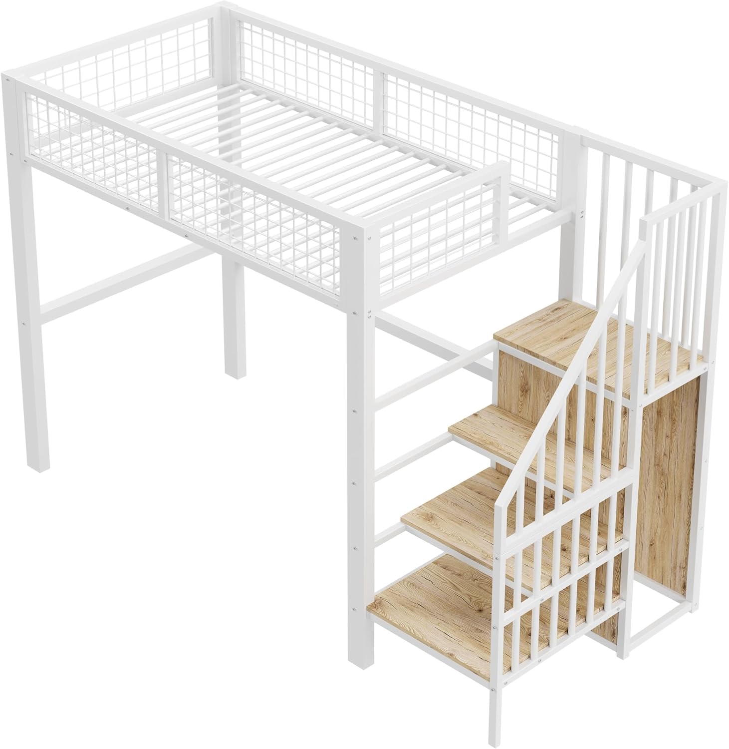 Merax Hochbett aus Metall, 90 x 200 cm, mit Kleiderschrank, multifunktionales Hochbett für 1 Platz mit Treppe, Weiß (Ohne Matratze)