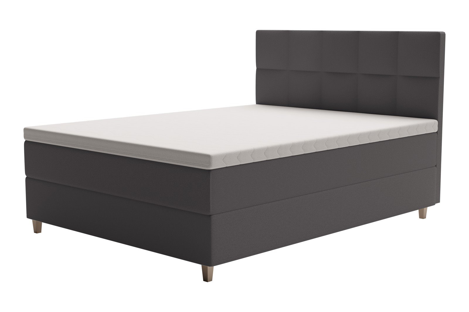 XOV Venus Kontinentalseng 160x200 cm i tekstil storm 97 grå, medium/medium med Premium 15 overmadrass og sort firkantede ben, gavl selges separate