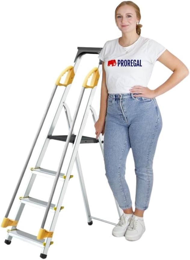PROREGAL Trapladder met gereedschapsplank en leuning Economy Basic Enkelzijdige toegang 4 treden Werkhoogte 2,75 m Draagvermogen 150 kg