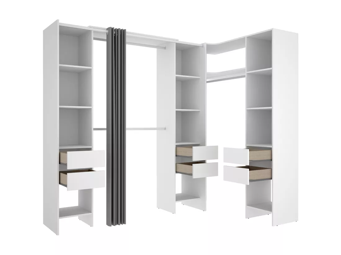 Kit armoire dressing d'angle extensible en bois mélaminé blanc - Longueur 164-234 x Profondeur 141 x Hauteur 205 cm