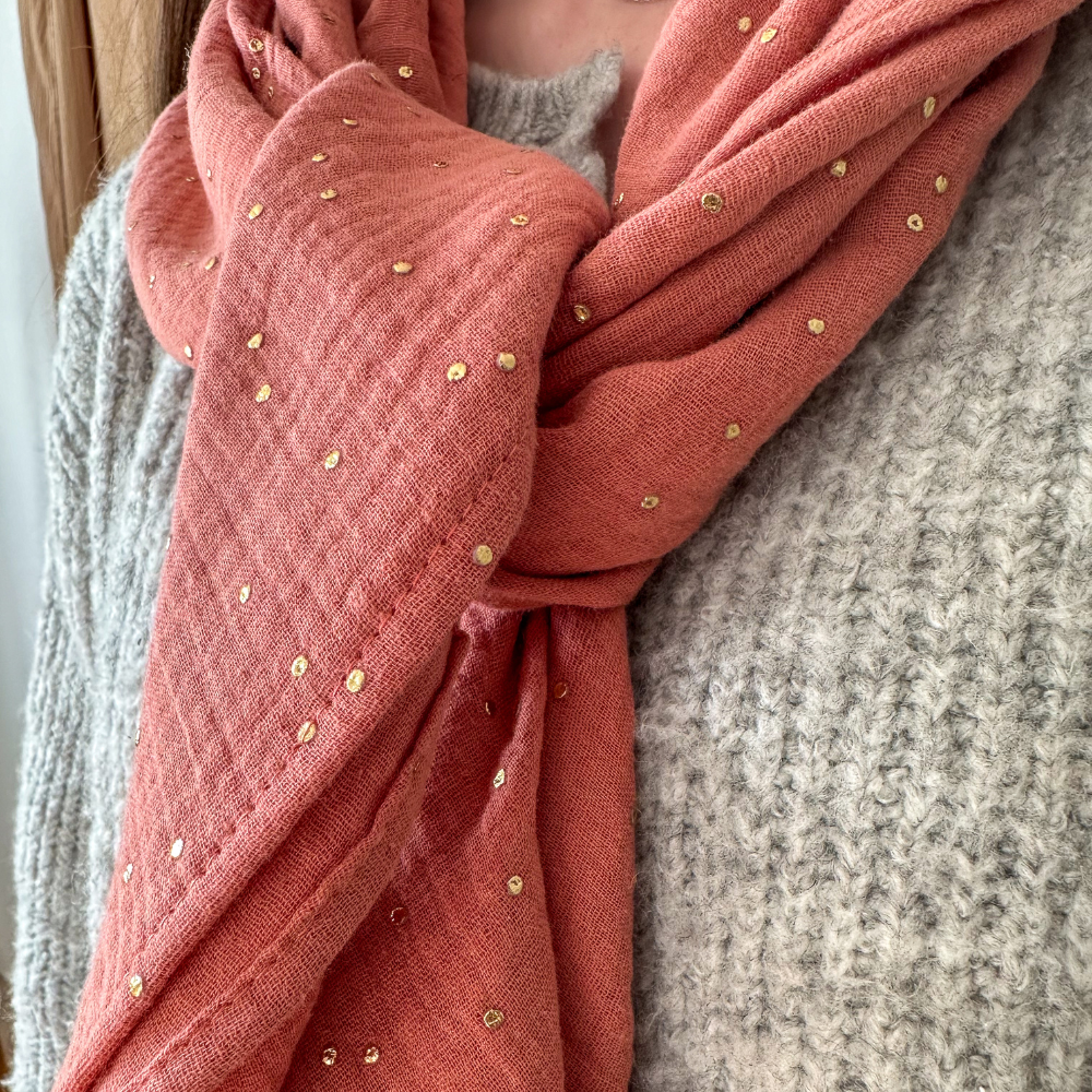 Foulard Pompon Gaze Pois Or Rose Blush
