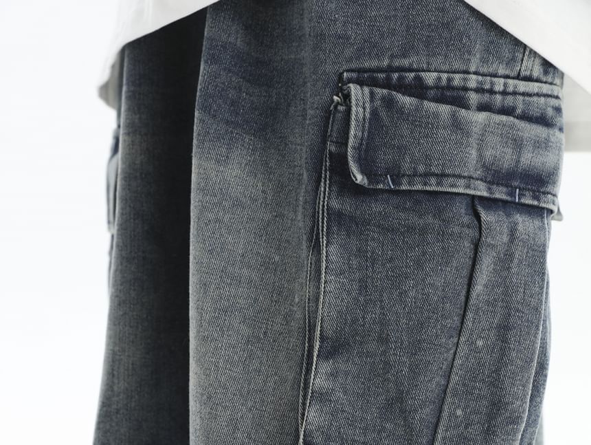 INStudio - Mid Rise Washed Ruched Capri Cargo Jeans met Wijde Pijpen