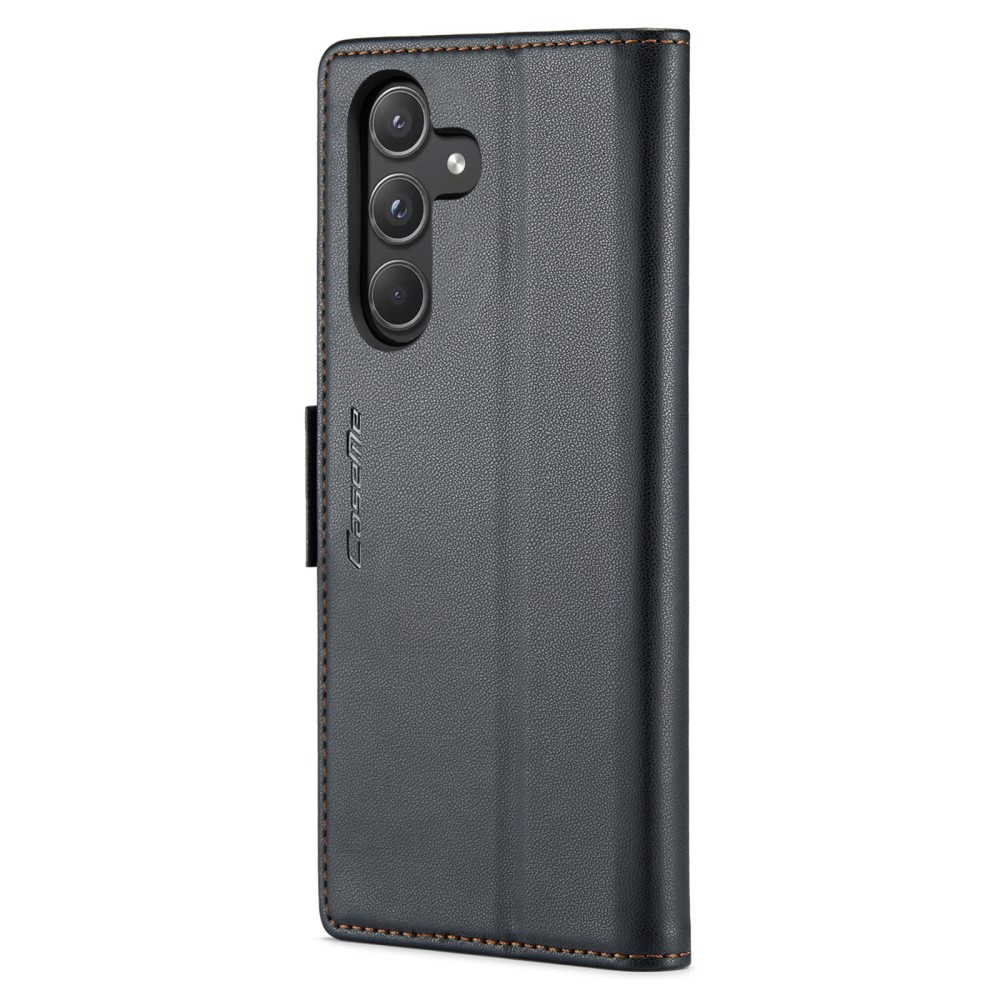 Samsung Galaxy A55 Leder Tasche Flip Wallet Etui mit Kartenfächern Litchi Look (RFID Schutz) - Schwarz