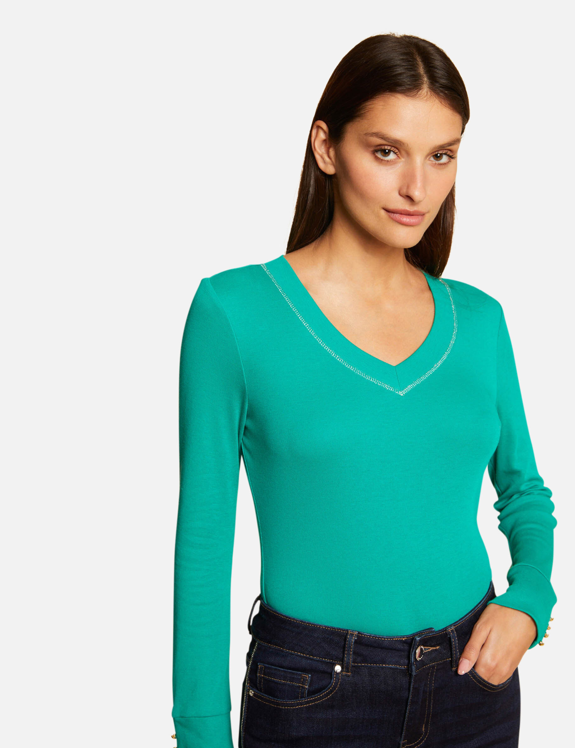 T-shirt manches longues avec col en V vert moyen femme - vert_moyen
