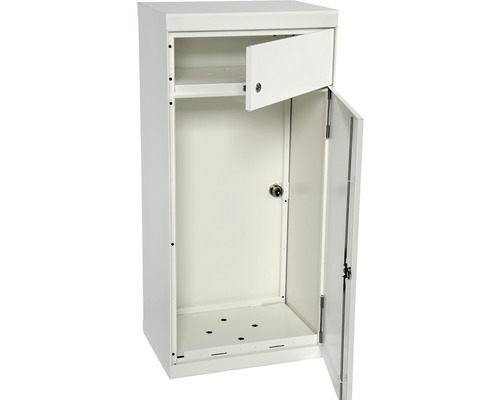 MEFA pakketbrievenbus, gepoedercoat staal, BxHxD 510/1100/390 mm, Fuego 992 Grijswit RAL 9002, achterinwerpopening, 2 compartimenten met naamplaatje