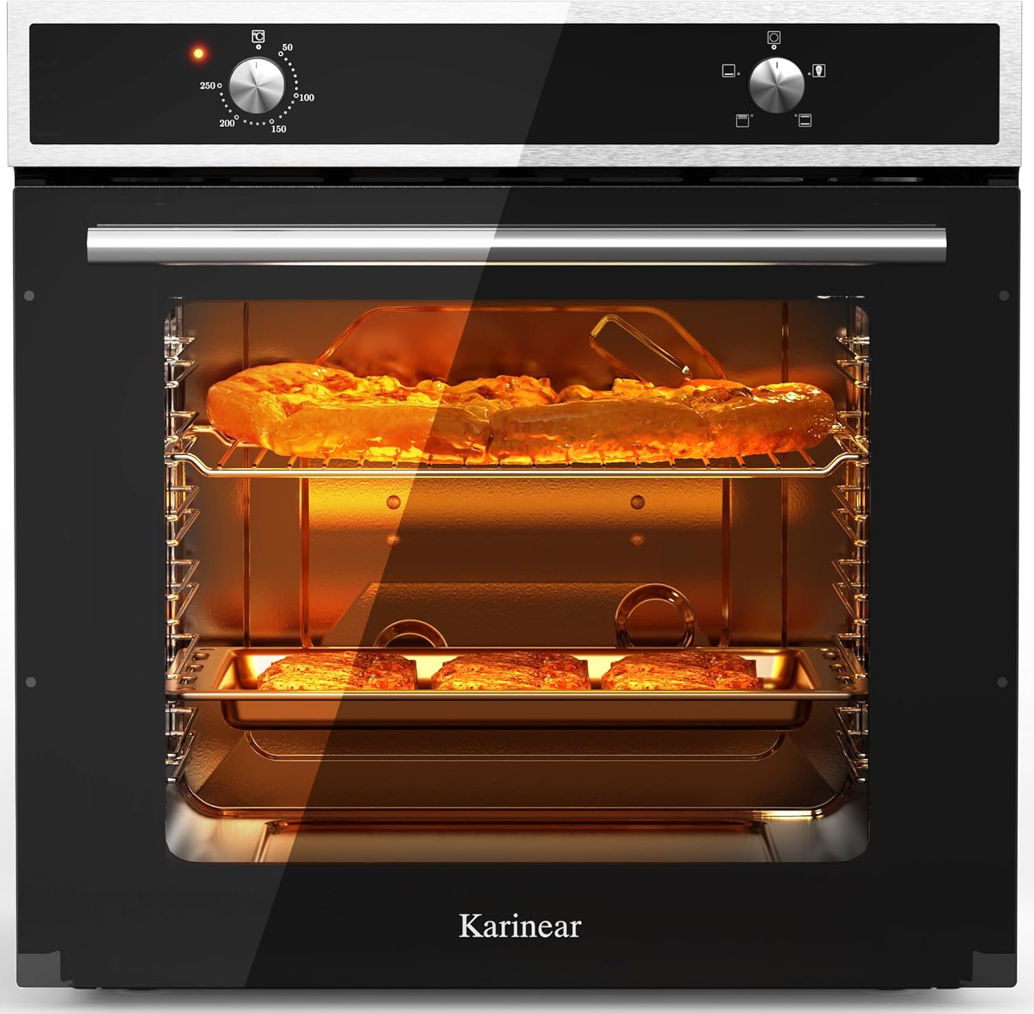 Karinear Einbaubackofen 60 cm mit Drehknopfsteuerung, Backofen Einbaugerät 60 x 60 cm mit 4 Programmen, 50-250 °C mit Gehärtete Glasplatte, Einbauofen mit Stecker, 2200W, 65L