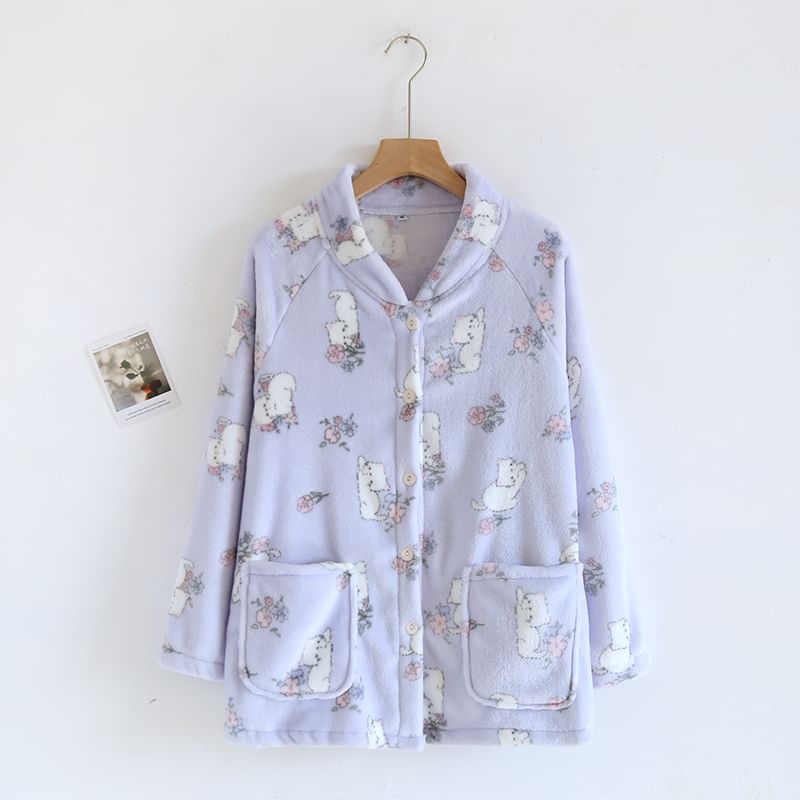 Dogini - Fleece pyjamatop met lange mouwen, opstaande kraag, patroon en knoopjes