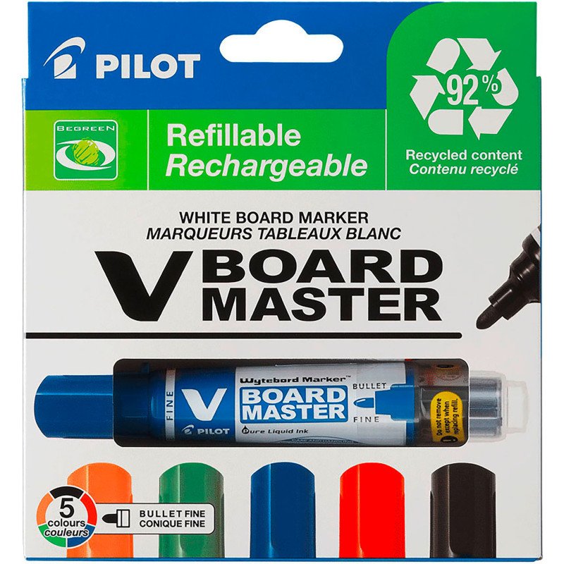 Marqueur effaçable rechargeable Pilot V-Board Master pointe ogive 4,5 mm- Pochette de 5 couleurs assorties