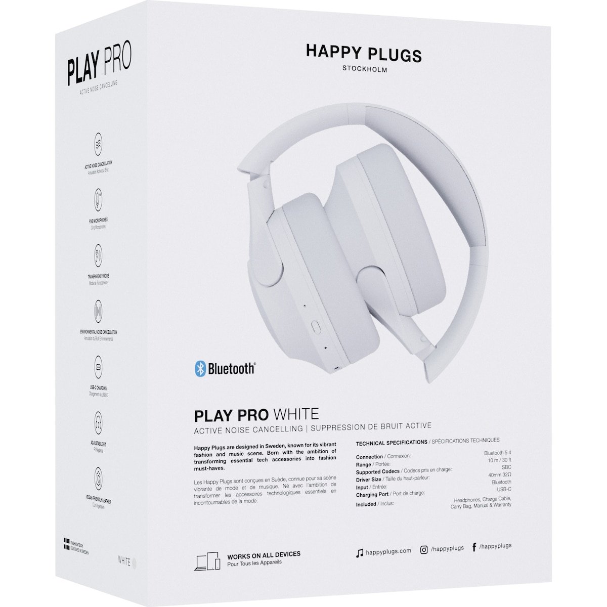 Happy Plugs Play Pro helt trådløse around-ear hodetelefoner (hvit)