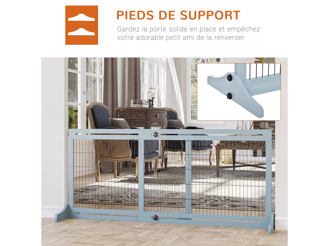 Barrière de sécurité chien barrière autoportante longueur réglable dim. 104-183L x 36l x 69H cm bois pin gris acier noir