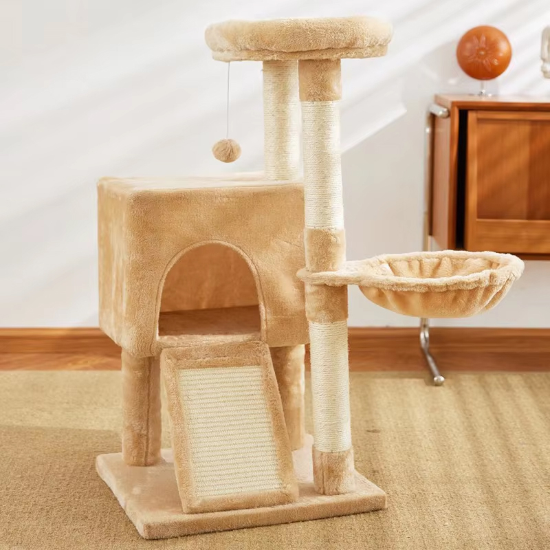 (89cm) Katzen Baum Sisal Kratzsäulen mit Häuschen / Hängematte / Aussichts Plattform / Spiel Ball - Braun