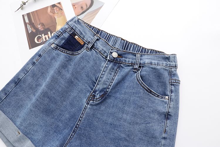 uliaque - Plus Size Elastische Taille Oprolbare Zoom Gewassen Denim Shorts