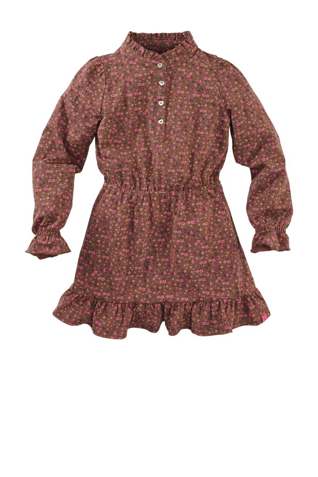 Z8 jurk Lianne met bloemenprint en ruches bruin/roze
