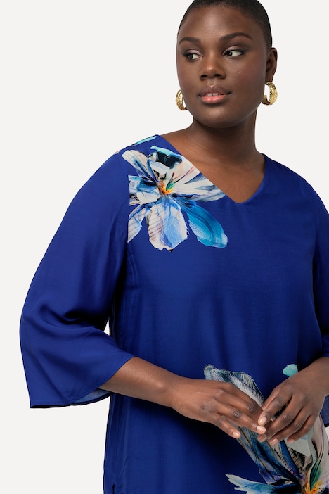 Bluse, Blüten, Oversized, V-Ausschnitt, 3/4-Glockenärmel