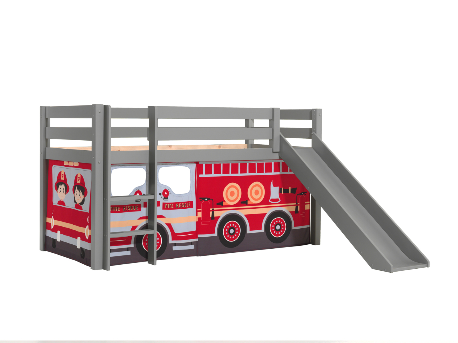 Halbhochbett PINO - FIRE RESCUE - Kiefer grau Massivholz - mit Rutsche - 90x200 cm