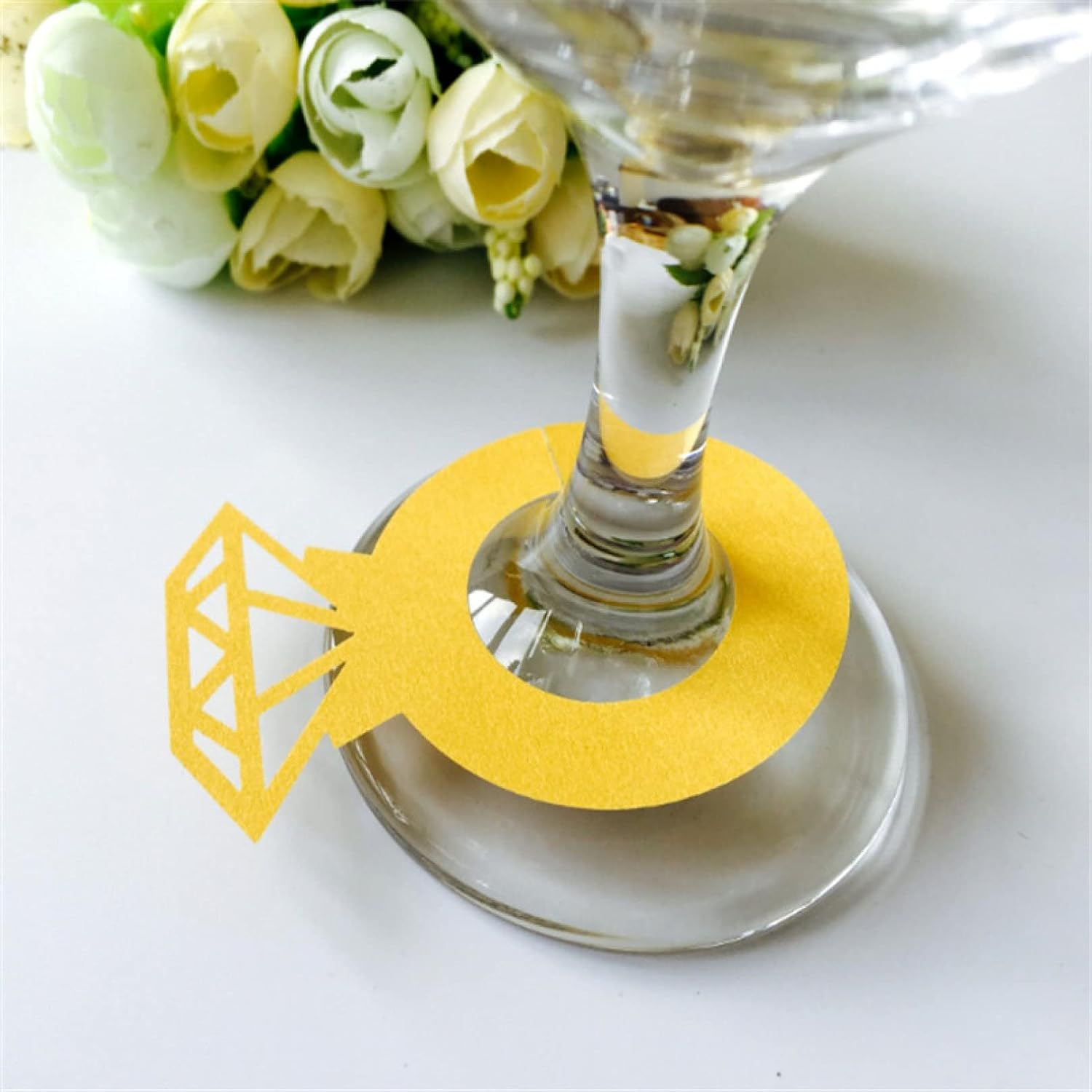 (50er Set) Ø42x60mm Papier Glas Deko Hochzeits Tischkarten Diamant Ring Namenskarten - Gold