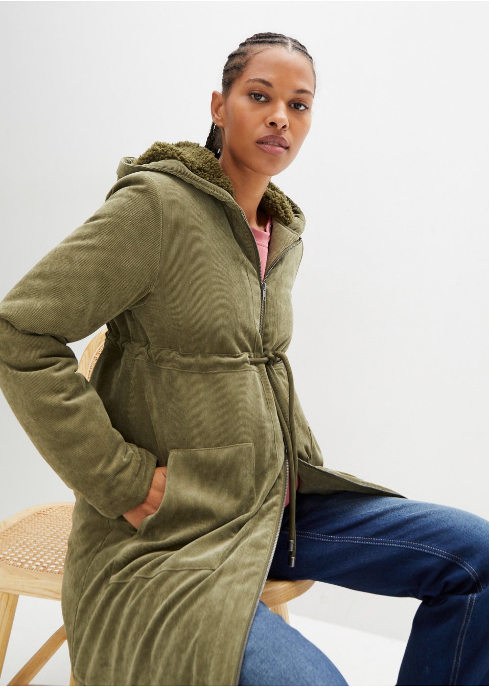 Parka de grossesse/portage en velours côtelé avec chauffe-mains