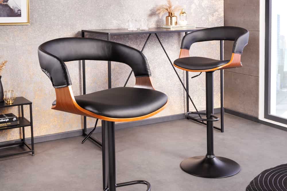Retro Barhocker MANHATTAN schwarz Kunstleder Walnussholz drehbar höhenverstellbar