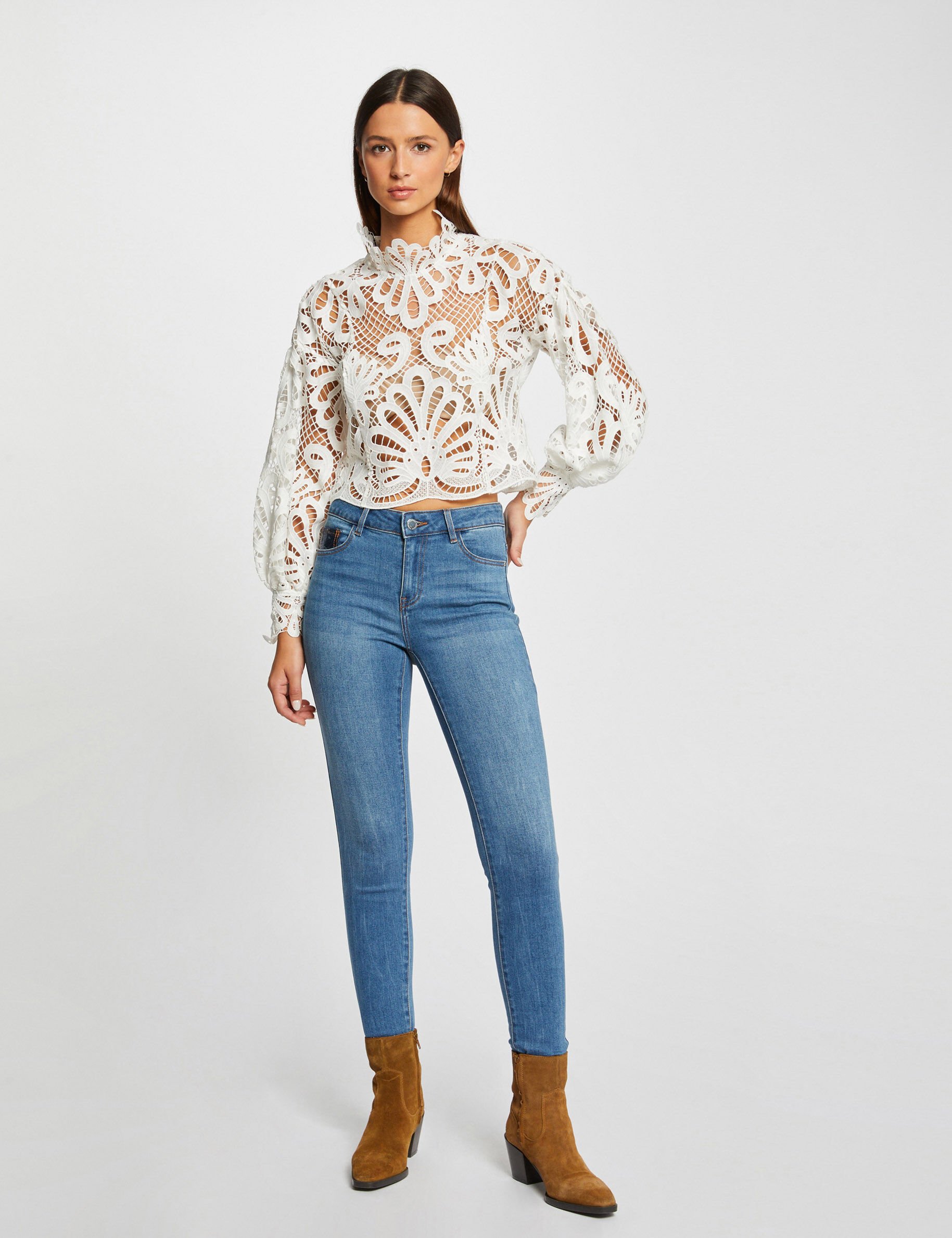 Blouse manches longues en dentelle ecru femme - ecru