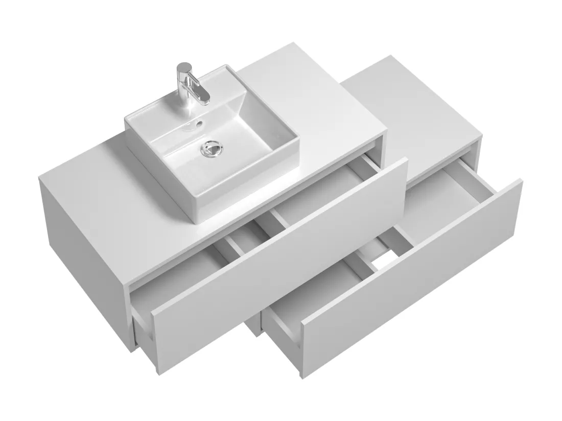 Meuble de salle de bain suspendu blanc avec simple vasque carrée et deux tiroirs - 94 cm - TEANA II