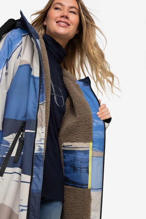 Funktions-Jacke, oversized, maritimer Allover-Print, Teddyfutter, 2-Wege-Zipper