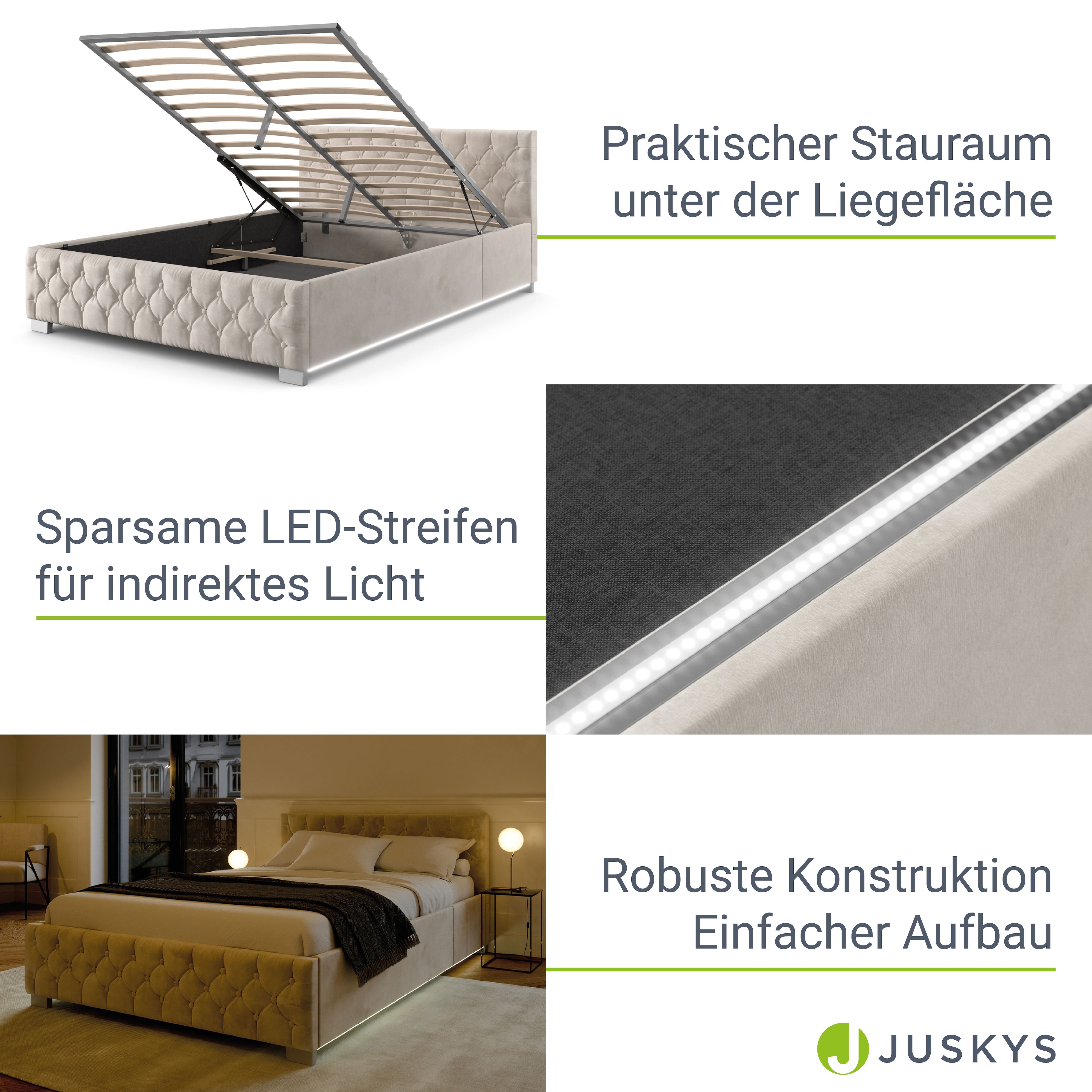 Juskys Polsterbett Nizza 120x200 cm - Matratze, Stauraum & LEDs - Samtbezug mit Steppung - Beige