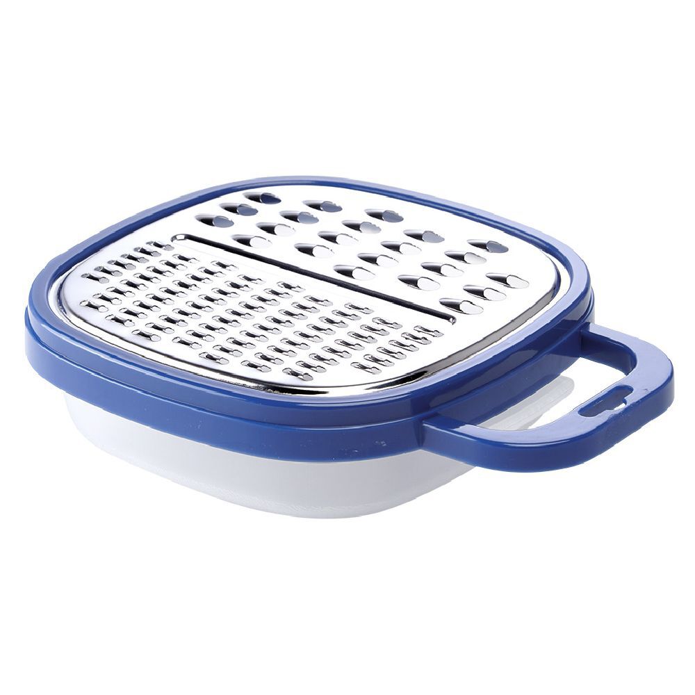 Râpe avec récipient en inox et plastique bleu