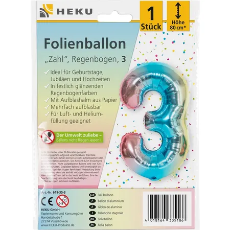HEKU Folienballon Zahl 3, Regenbogen, mit Aufblashalm, Höhe 80cm