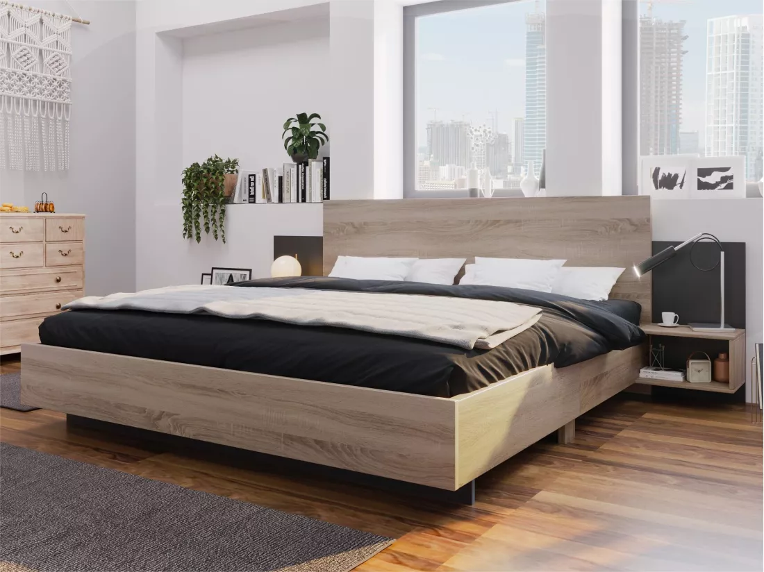 Ensemble lit avec chevets 160 x 200 cm + Sommier - bois massif - Coloris : Naturel et anthracite