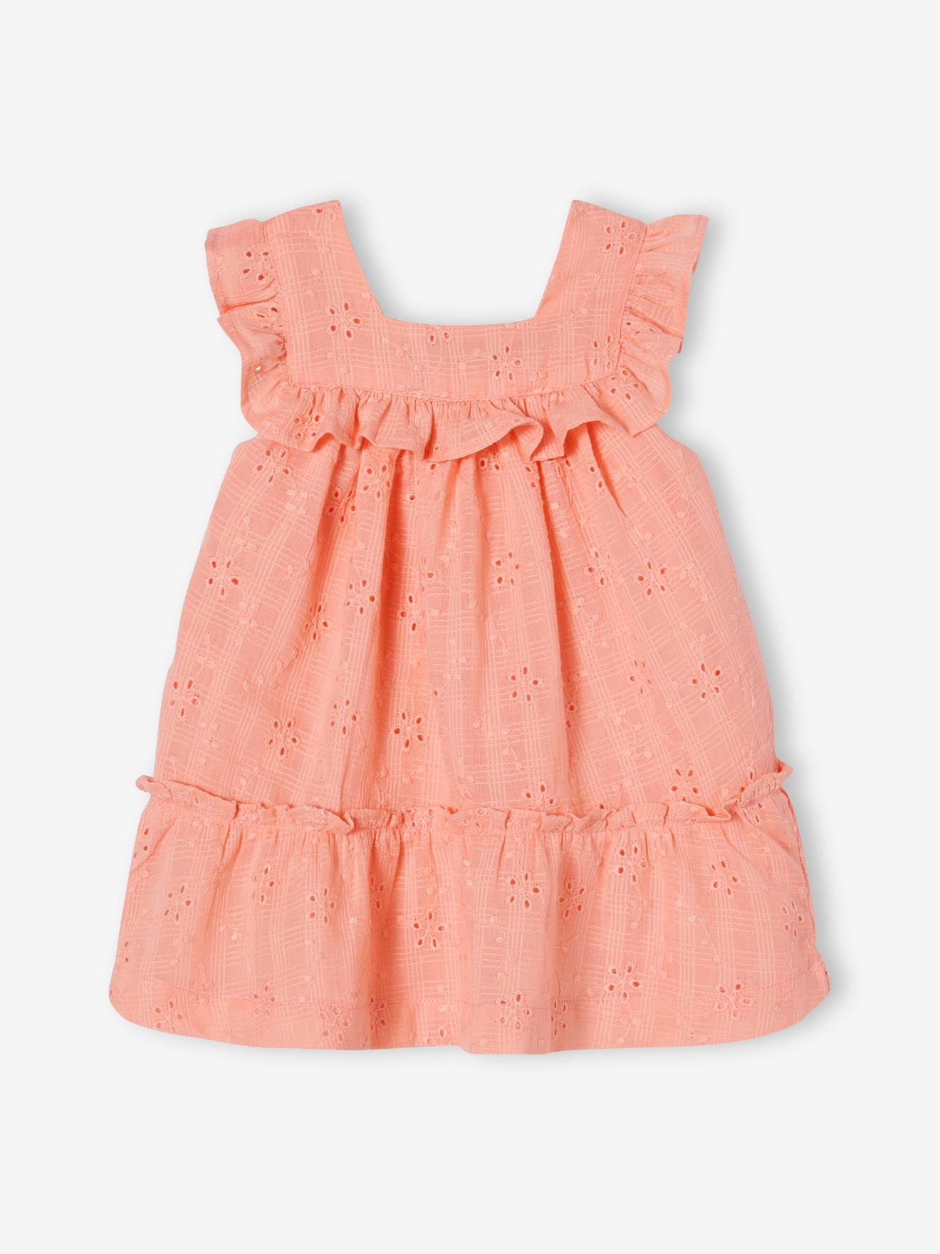 Conjunto de bordado inglês para bebê: vestido, calcinha e faixa de cabelo coral